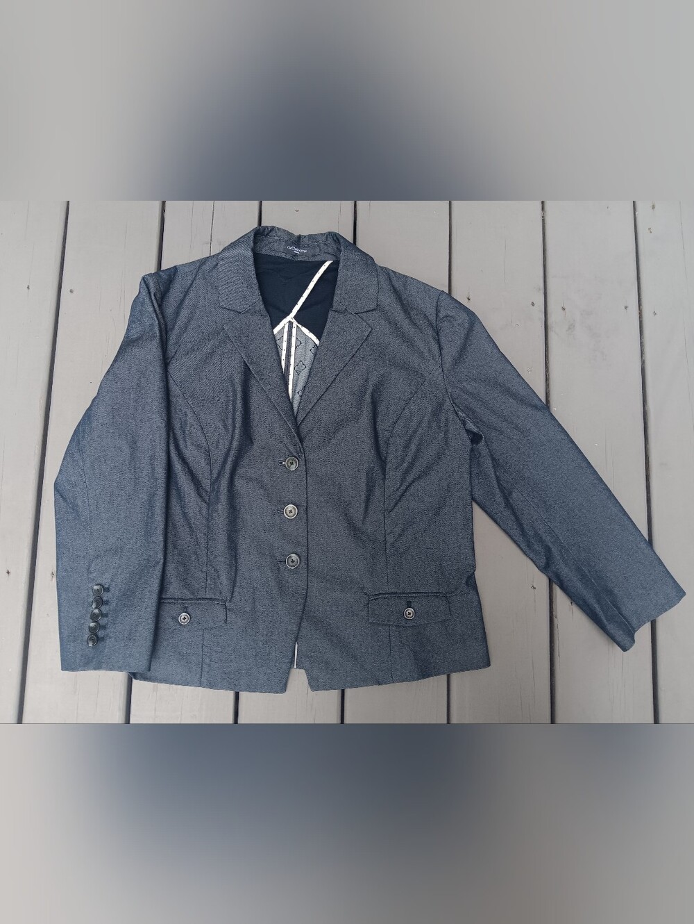 Liz Claiborne Denim Blazer Jacket Size 16 Grey/ Blue Button Front Structured